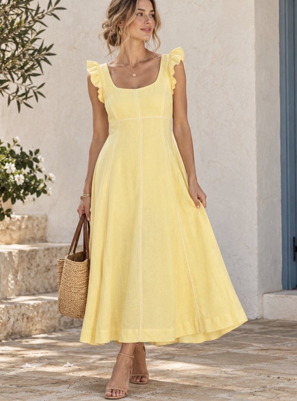 NWT Ellen Tracy Butter Yellow Linen Blend Midi Dress L Contrast Piping $149